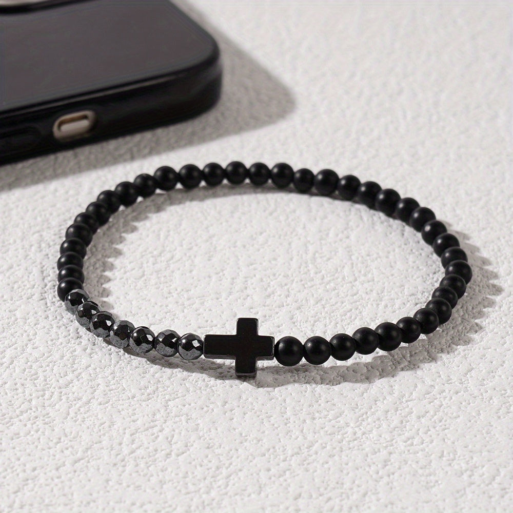 Vintage Boho Natural Stone Cross Bracelet - Handcrafted with Black & White Stones for Spiritual Balance & Daily Wear
