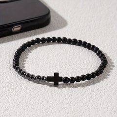 Vintage Boho Natural Stone Cross Bracelet - Handcrafted with Black & White Stones for Spiritual Balance & Daily Wear