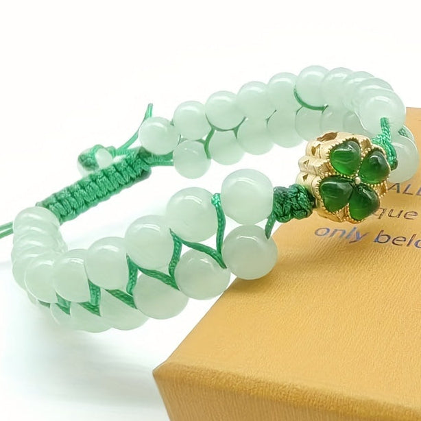 1pc Natural Green Aventurine Leaf Clover Beaded Bracelet - Unisex Stone Bracelet for Daily Wear & Holiday Decor with Energy Balancing