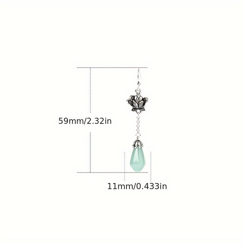 Elegant Lotus Flower Earrings - Silver Tone with Light Green Teardrop for Harmonious Energy