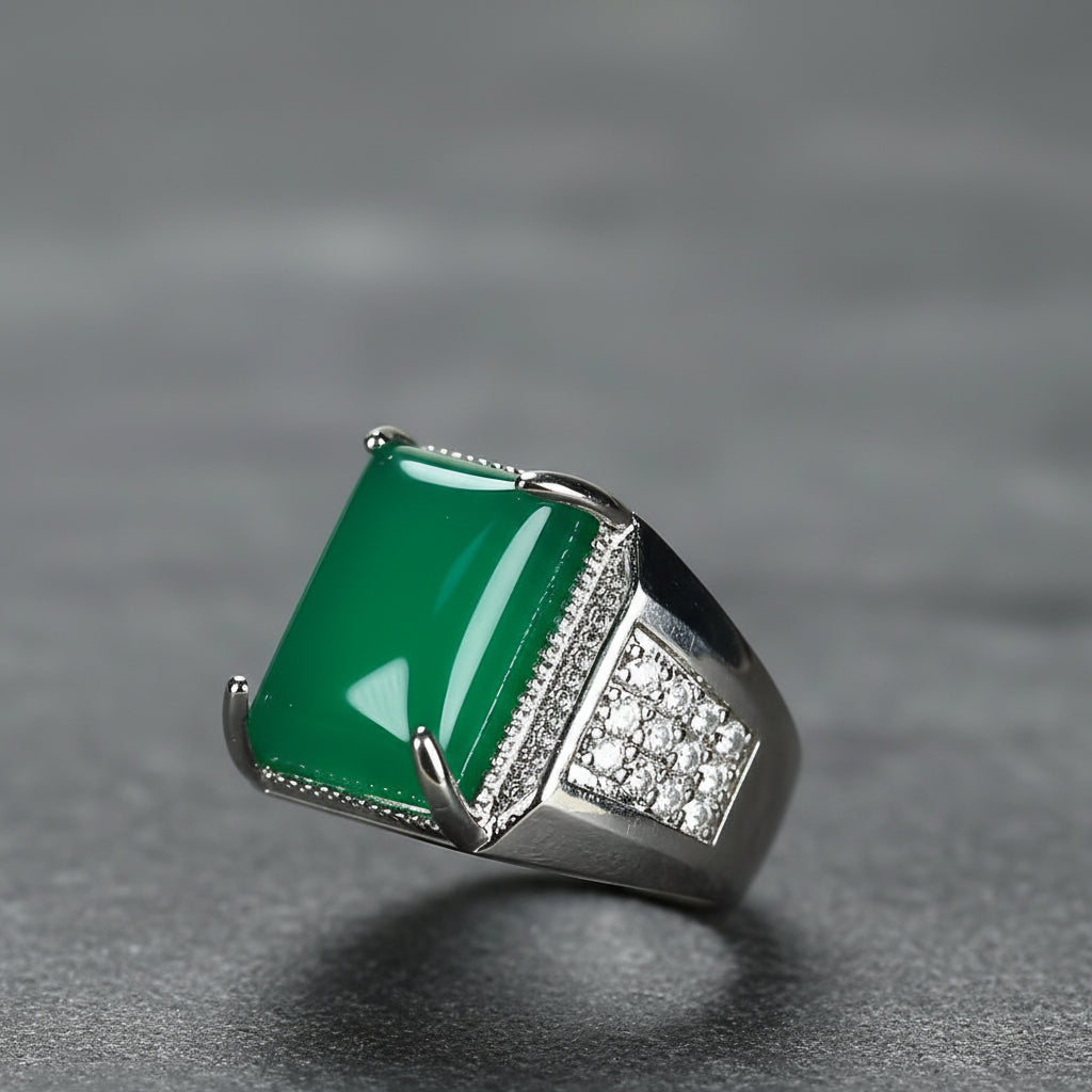 Vintage-Inspired Men's Green Agate Ring | Adjustable Square Statement Piece for Grounding & Prosperity