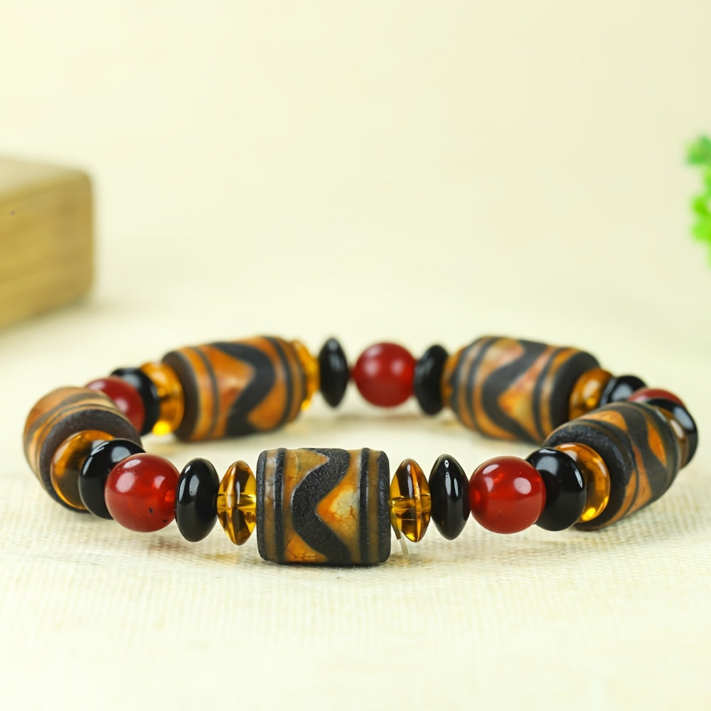 Bohemian Vintage Natural Agate Barrel Bead Bracelet for Grounding, Prosperity, and Holiday Gifting