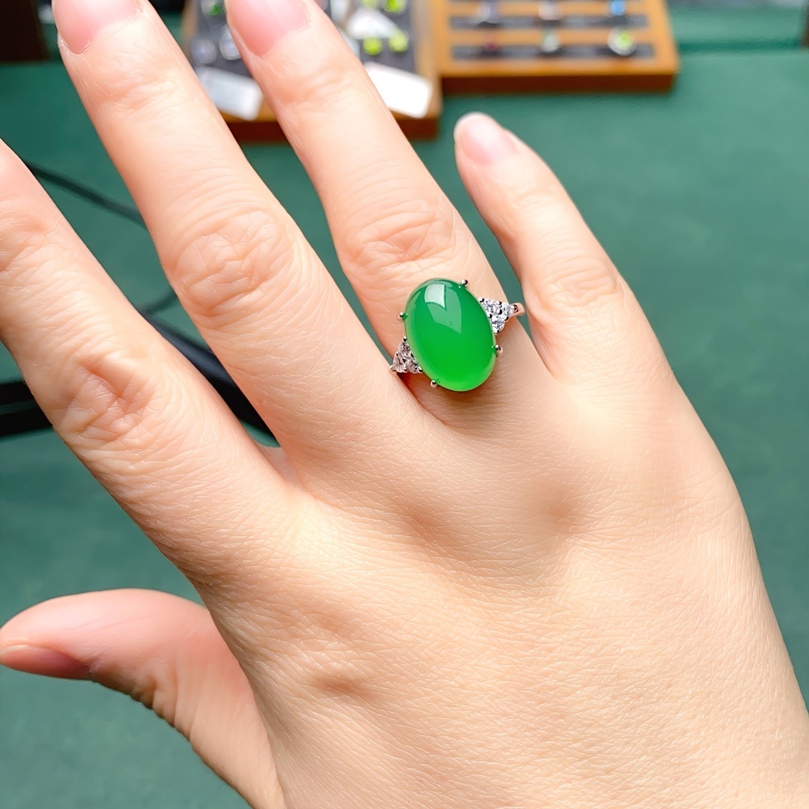 Green Stone Ring - Elegant Adjustable Jewelry for Women