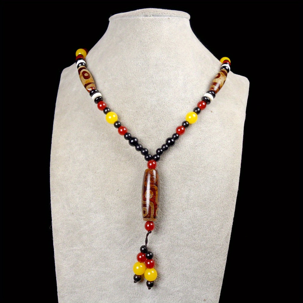 Tibetan Nine-Eye Agate Power Necklace – Red/Yellow/Black Dzi Talisman for Protection, Harmony & Prosperity