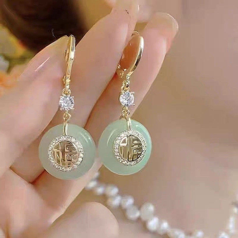 Versatile 'Fu' Character Earrings - Elegant Retro Design for Daily to Festive Wear - Natural Jade & Gold Accents for Harmony & Prosperity