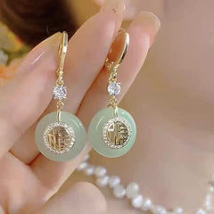 Versatile 'Fu' Character Earrings - Elegant Retro Design for Daily to Festive Wear - Natural Jade & Gold Accents for Harmony & Prosperity