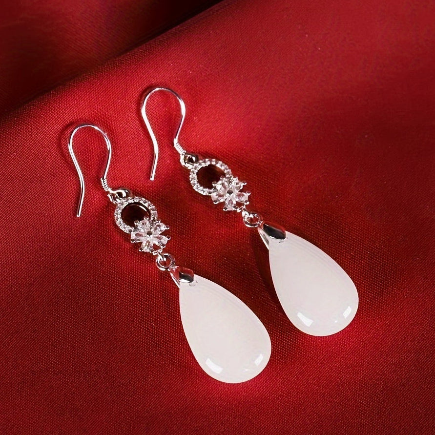 Retro Water Drop Earrings - Silver Accents & White Teardrop Stone for Spiritual Balance & Elegant Wear