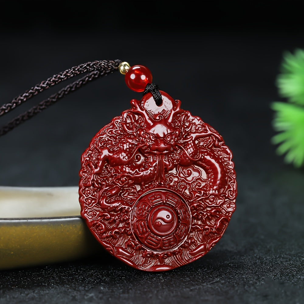 Protective Cinnabar Dragon Amulet Necklace for Men, High-Content Red Cinnabar Pendant with Bagua
