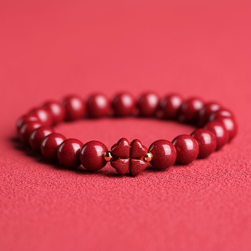 Elegant Four-Leaf Clover Bracelet with Cinnabar Stones - Daily Wear Natural Red Beaded Charm for Good Fortune & Protection