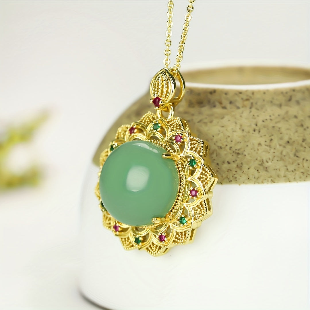 Elegant Natural Stone Filigree Pendant Necklace for Positive Energy and Spiritual Harmony, Vintage Jewelry with Faux Gemstone
