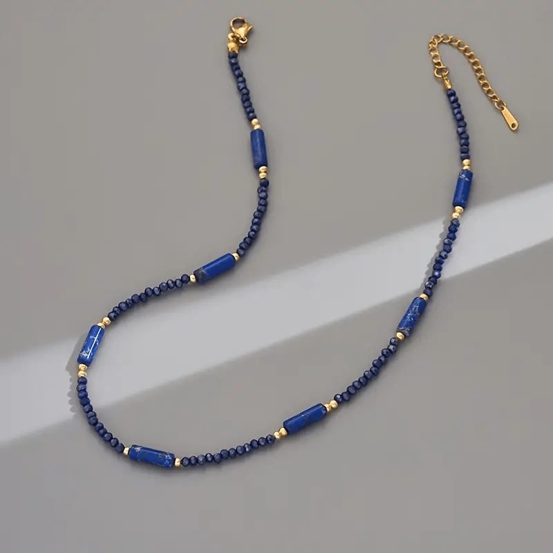 New Retro Luxury Bohemian Beach Resort Necklace - Smooth Blue Cylindrical Stone Beads with Metal Tail Chain for Mother's Day Gift