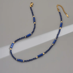 New Retro Luxury Bohemian Beach Resort Necklace - Smooth Blue Cylindrical Stone Beads with Metal Tail Chain for Mother's Day Gift