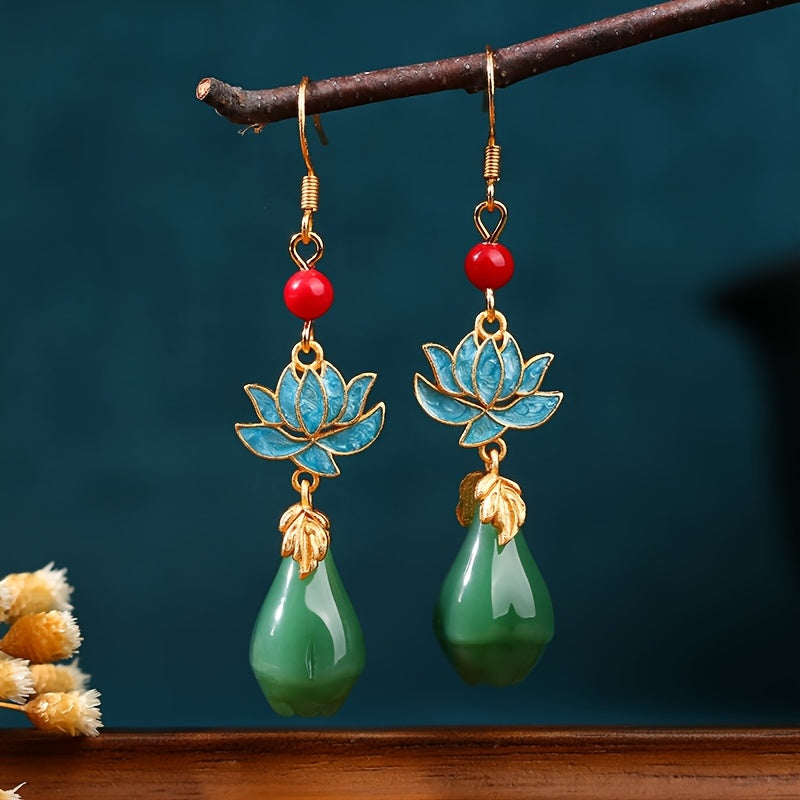 Vintage Tribal Blue Lotus Earrings - 24K Gold Plated Copper with Red Bead & Green Teardrop for Spiritual Harmony & Elegant Wear