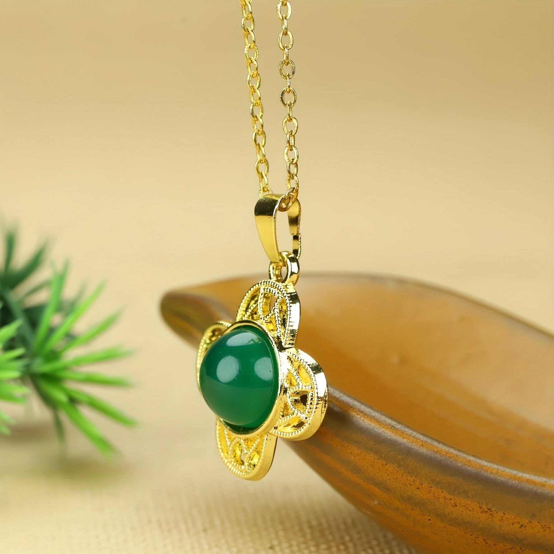 Emperor Green Agate Flower Pendant for Men | Gold Tone Lucky Clover Necklace for Prosperity