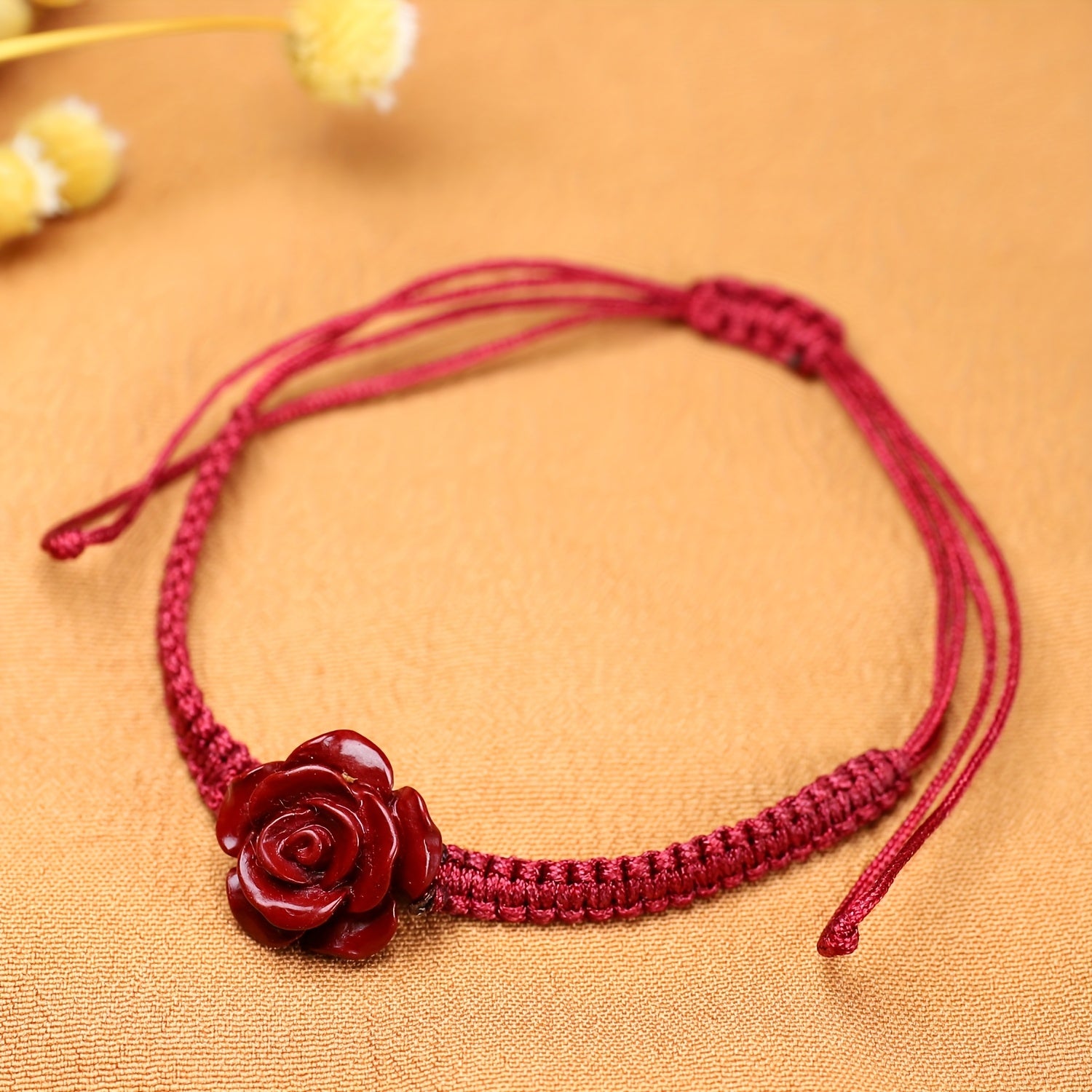 Red Rose Braided Bracelet - Vintage Floral Charm for Prosperity & Emotional Balance