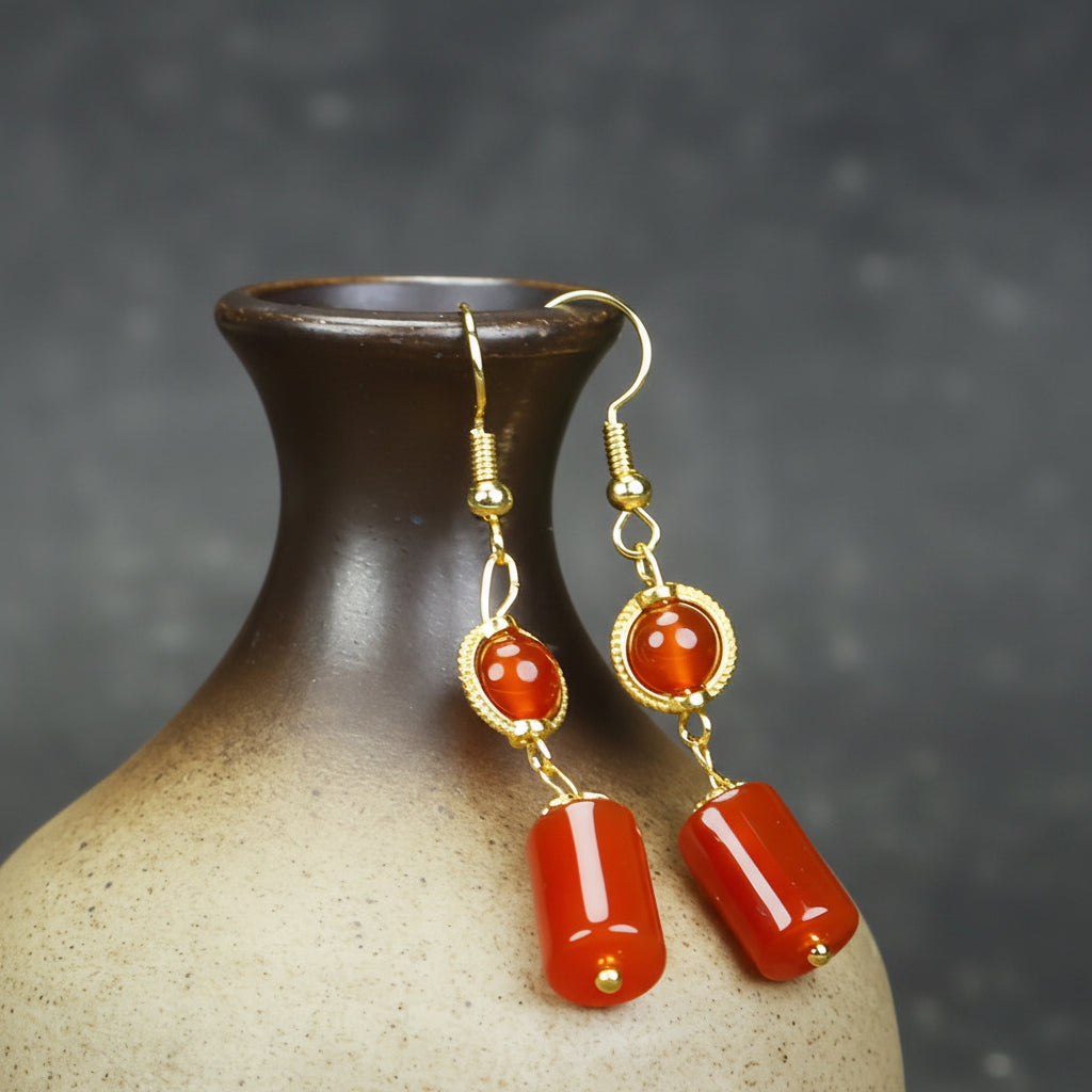 Red Agate Zodiac Year Earrings for Vitality Protection Harmony and Retro Chinese Style Energy Jewelry
