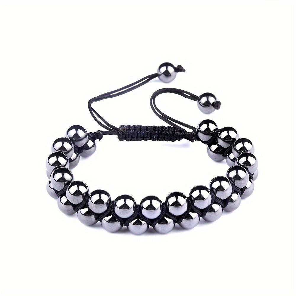 1pc Double Layer Handmade Adjustable Hematite Bracelet - Natural Stone Beads with Textured Surface for Energy Balancing