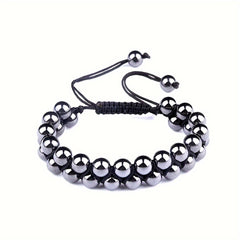 1pc Double Layer Handmade Adjustable Hematite Bracelet - Natural Stone Beads with Textured Surface for Energy Balancing