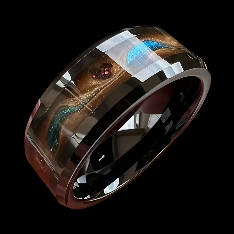Modern Black & Blue Gradient Sand Ring - Stainless Steel Wedding Band for Energy & Style
