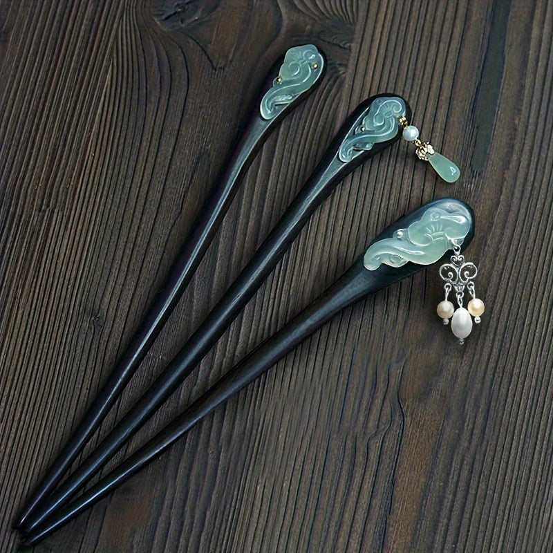 3pcs Vintage Jade Hairpins - Elegant Long Tassel Hair Sticks for Updos, Traditional Hanfu & Ethnic Hairstyles with Mind-Body-Spirit Balance