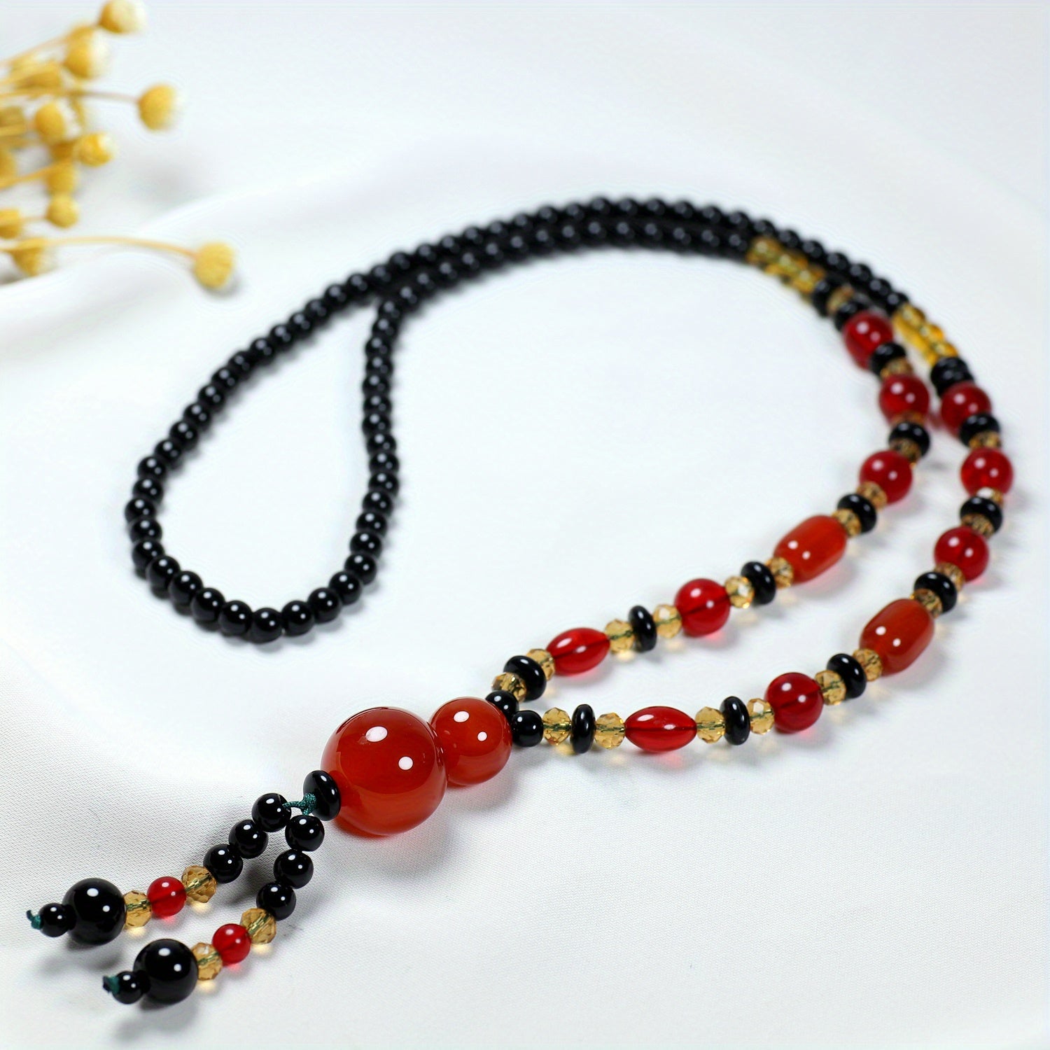 Bohemian Agate Necklace with Red Black Beads Golden Accents Red Spherical Pendant