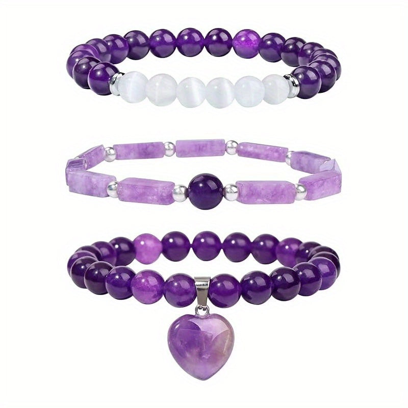 Avant-Garde Amethyst Heart Bracelets - Luxury Natural Stone Set for Parties & Graduation Gifting