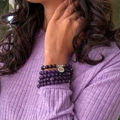 108 Bead Amethyst Mara Bracelet – Bohemian Style Purple Stone with Lotus Charm for Spiritual Balance