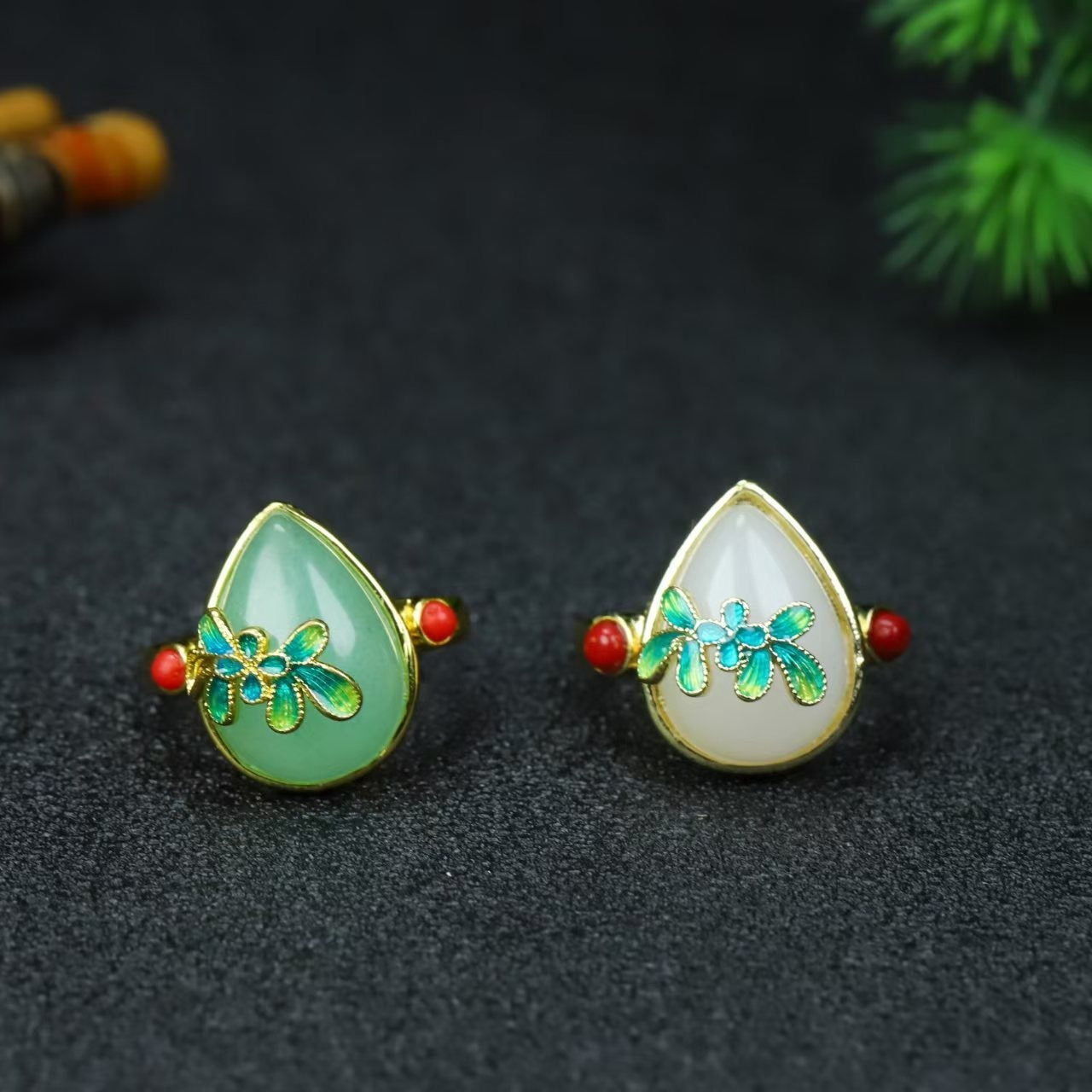 Green Jade Teardrop Ring with Enamel Flower | Natural Stone Jewelry for Emotional Balance & Prosperity