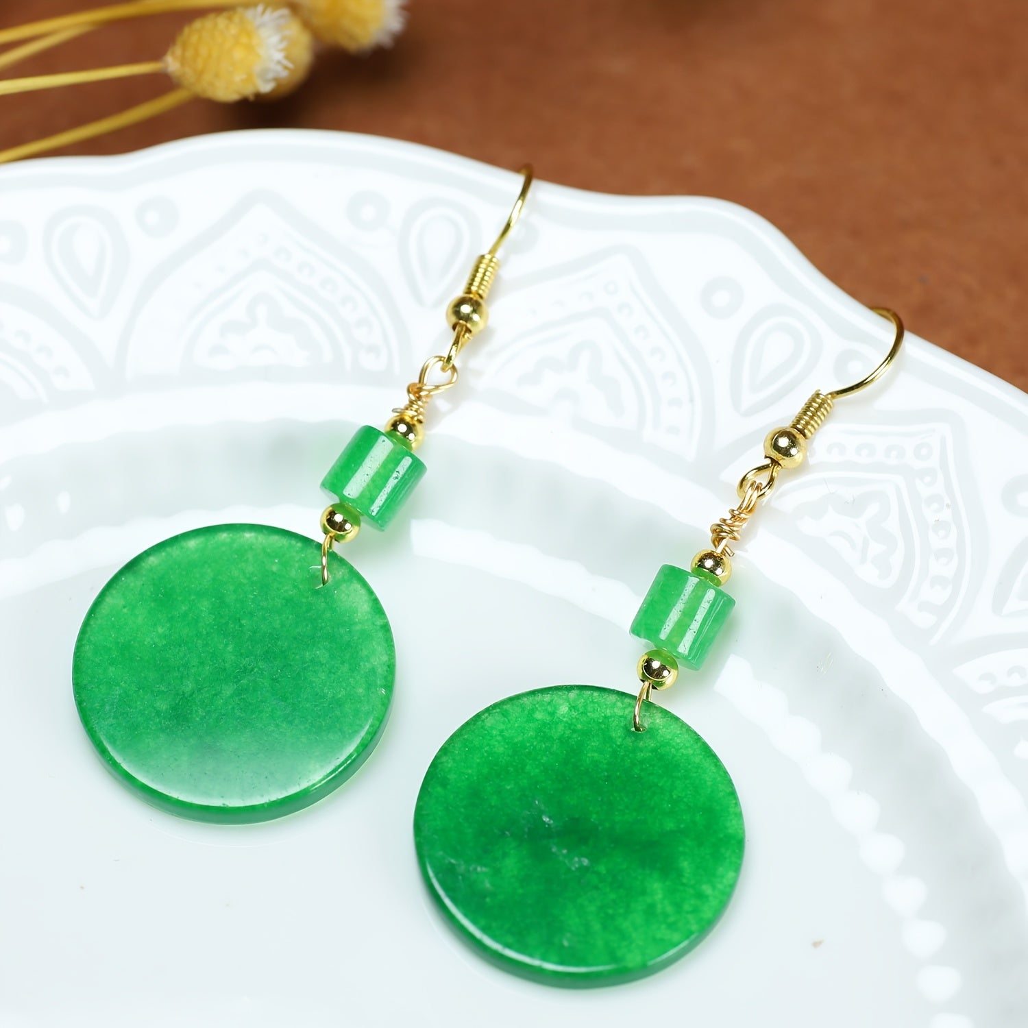 Natural Stone Round Earrings - Elegant Green Gemstone Dangle with Golden-Tone Metal for Parties & Valentine's Day