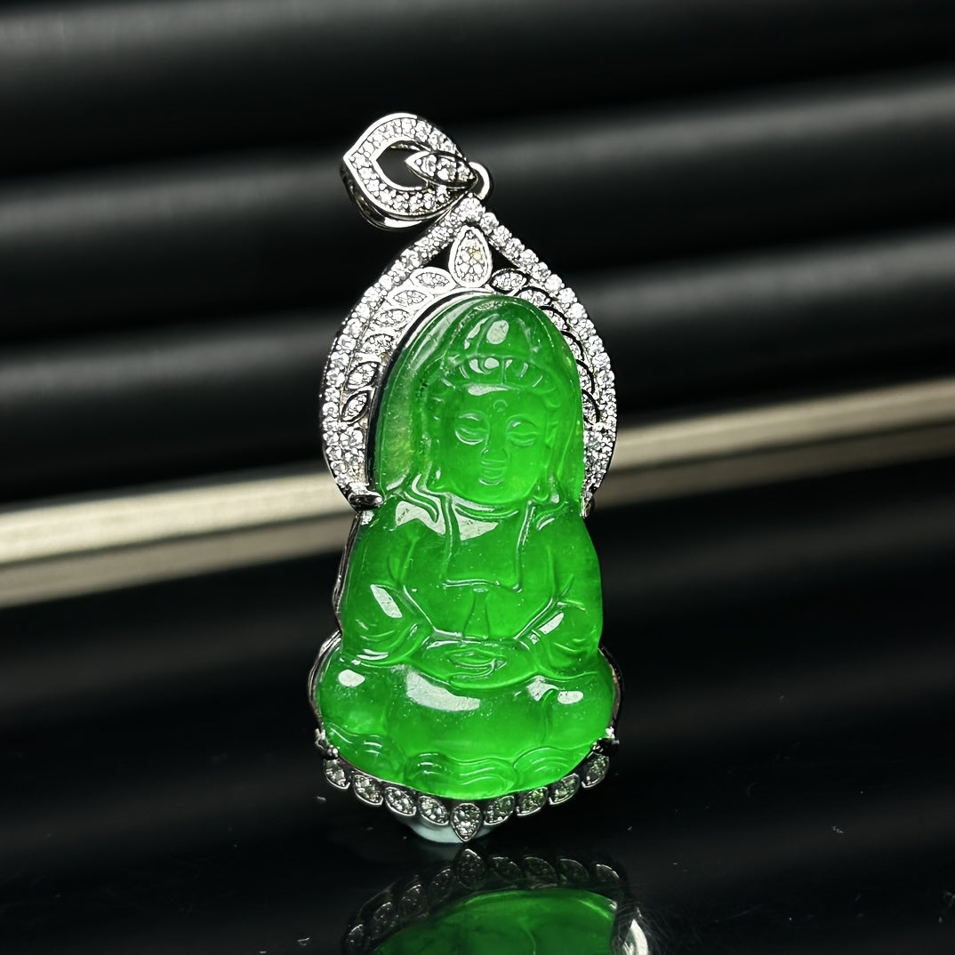 Emperor Green Guanyin Jade Pendant Necklace for Heart Chakra, Compassion, and Spiritual Protection