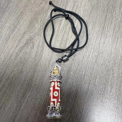 Authentic Tibetan Buddhist Nine-Eye Dzi Bead Pendant - Red & Golden Spiritual Jewelry with Buddhist Mantra