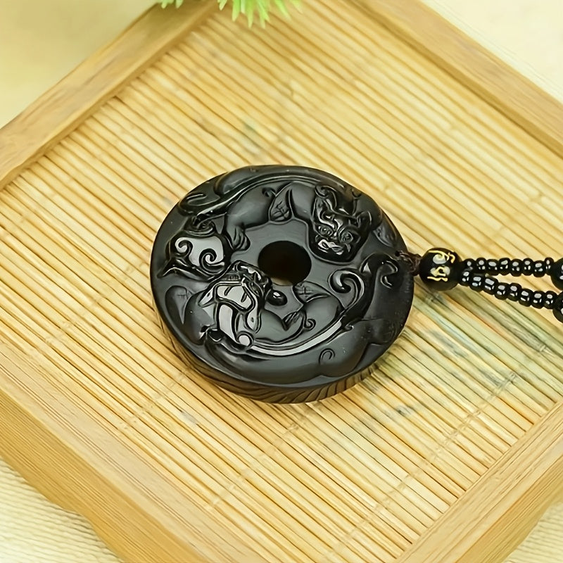 Elegant Obsidian Double Pixiu Pendant Necklace - Natural Stone Amulet for Protection & Prosperity