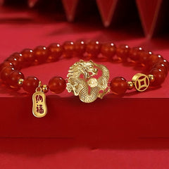 1pc Red and White Boho 8mm Crystal Stone Dragon Bracelet - Men and Women Jewelry Gift for Spiritual Energy and Good Fortune