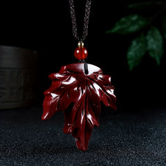 Natural Raw Stone Cinnabar Emperor Purple Golden Maple Leaf Pendant Necklace - Funky Raw Stone Jewelry with Red Bead Accent, Handcrafted Unique Gift for Women