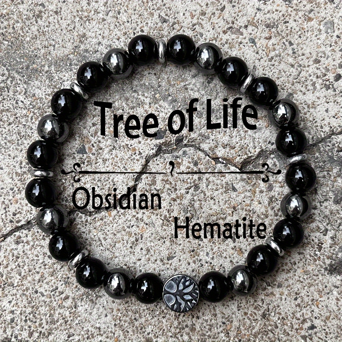 Men's & Women's Fashion Bracelet - Natural Stone Obsidian & Hematite with Tree Pendant for Energy Balance