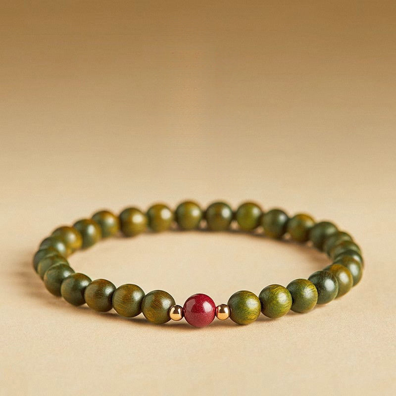 Natural Green Sandalwood Cinnabar Bracelet - Calming Agarwood Cultural Bead for Spiritual Energy