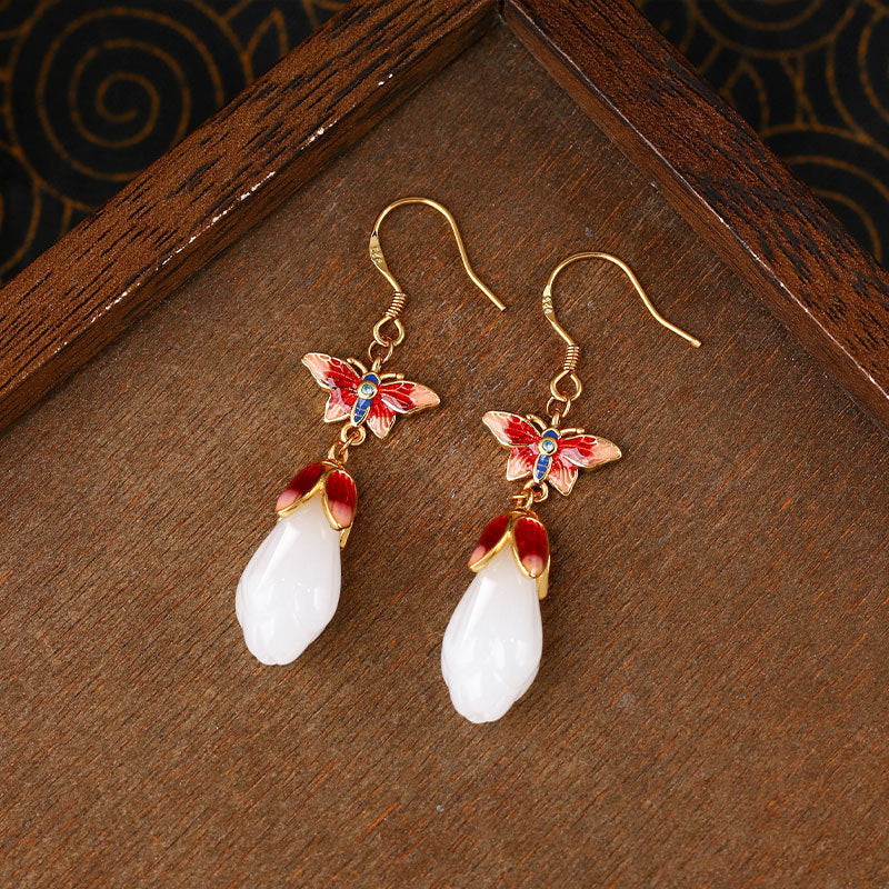 Women's Chinese Auspicious Cloud & Butterfly Earrings - Enamel Retro Imitation Jade for Elegant Parties & Weddings