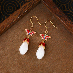 Women's Chinese Auspicious Cloud & Butterfly Earrings - Enamel Retro Imitation Jade for Elegant Parties & Weddings