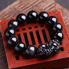 14mm Black Obsidian Bead Bracelet with Black Pixiu - Protection & Energy Talisman