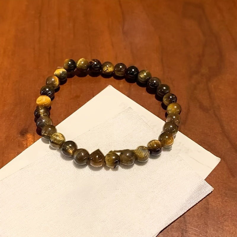 3pcs Vintage Silvery Tiger-Eye Bead Bracelets - Retro Chinese Style for Daily Wear & Energy Balance