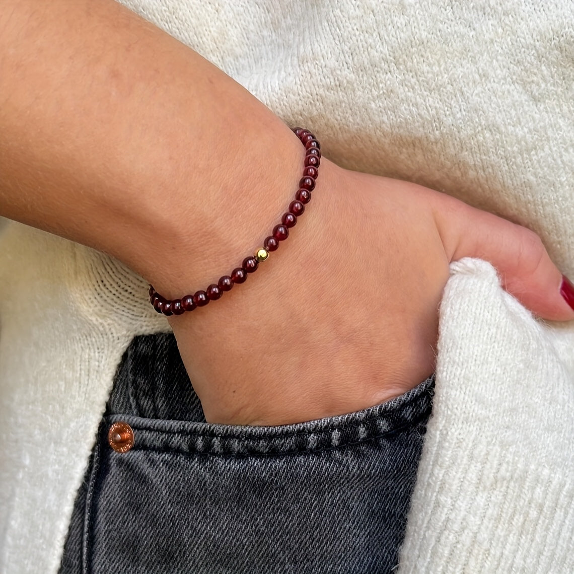 January Birthstone Garnet Bracelet - 3mm Red Stone with Golden Accents for Energy Balance & Daily Wear