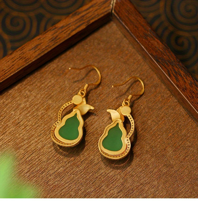 Golden Gourd-Shaped Earrings with Green Stone - Harmonious Energy for Special Occasions