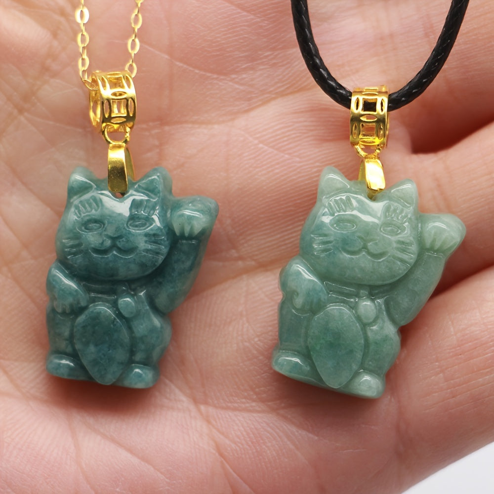 High-Grade Green Aventurine Beckoning Cat Pendant Necklace for Prosperity, Luck, and Positive Energy