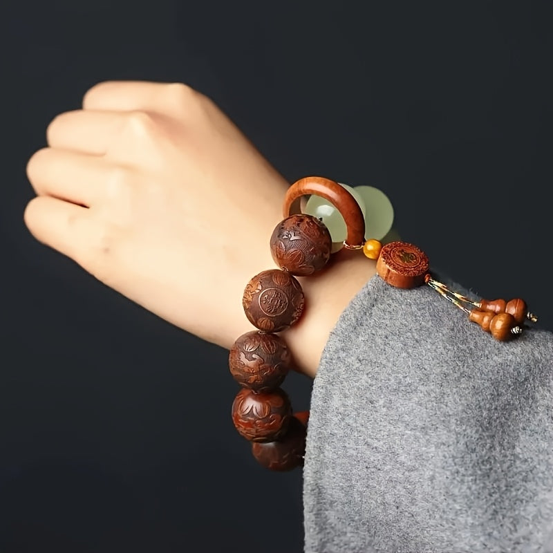Sandalwood Pear Wood Luminous Beads Buddha Bracelet - Fortune Word for Spiritual Harmony & Mindful Living