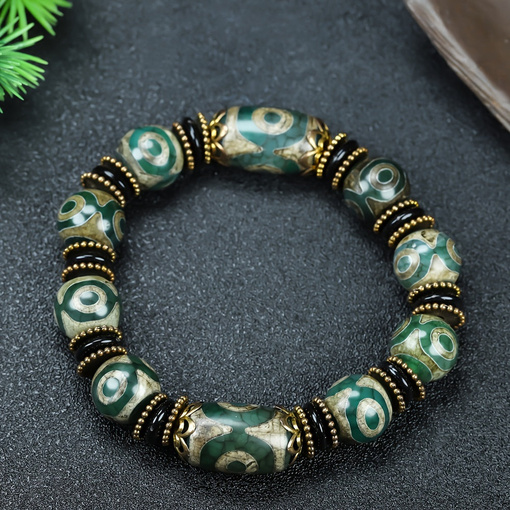 Tibetan Three-Eyed Dzi Agate Bracelet for Protection, Wealth, and Spiritual Clarity