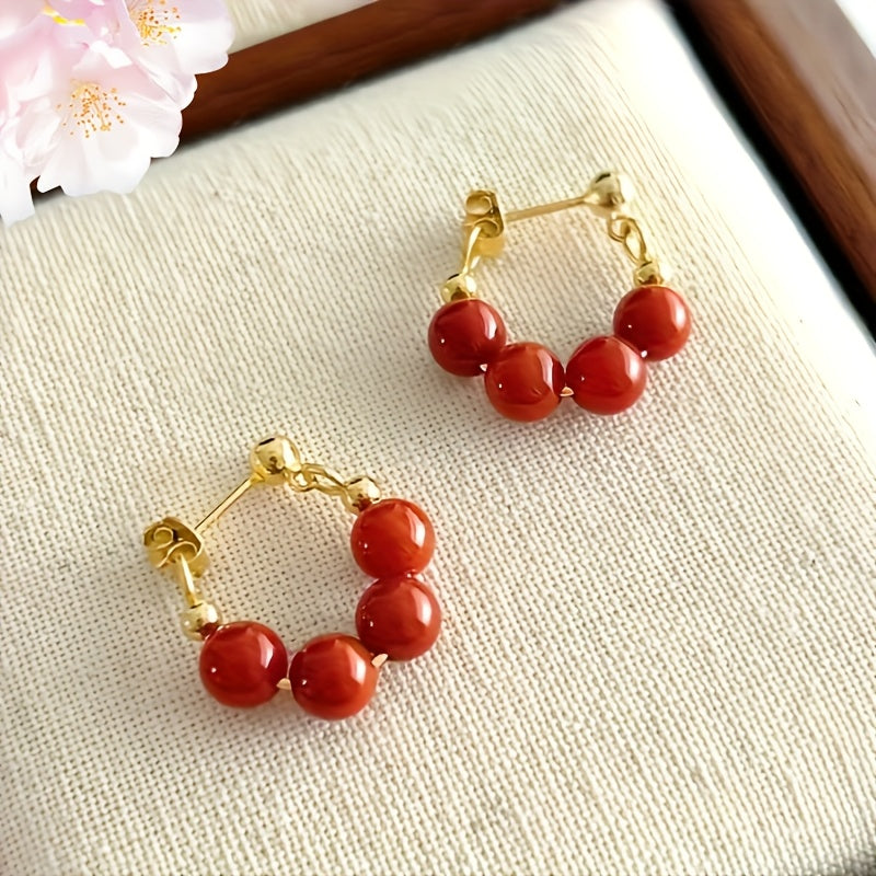 Natural Red Agate Hoop Earrings - 6mm Vintage-Inspired for Energy Balance & Daily Elegance
