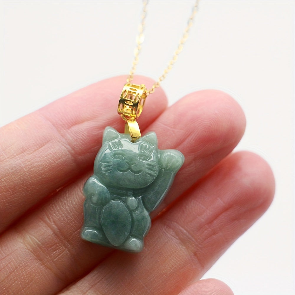 High-Grade Green Aventurine Beckoning Cat Pendant Necklace for Prosperity, Luck, and Positive Energy