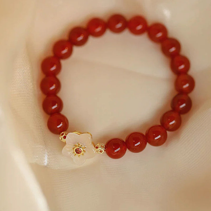 Men's & Women's Red Natural Stone Beaded Flower Bracelet - Christmas Gift for Harmony & Energy
