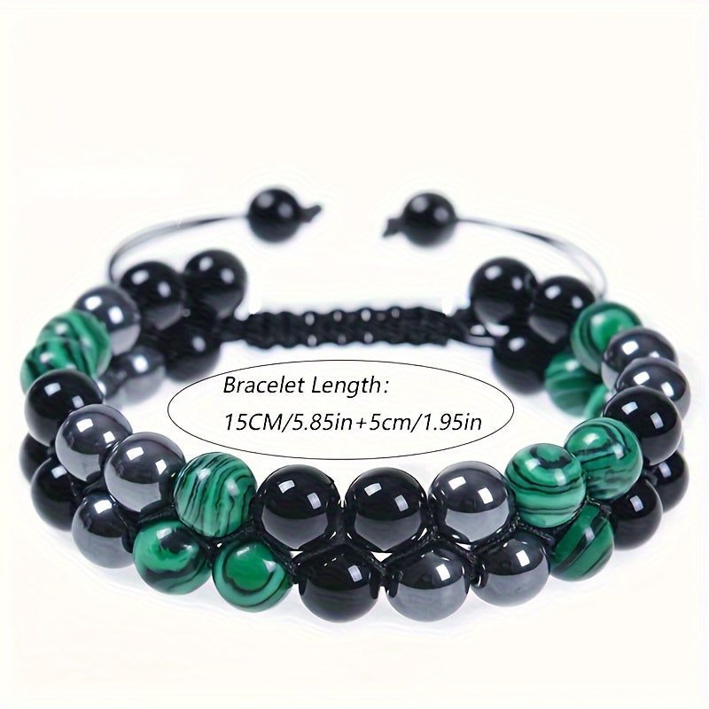 Handcrafted Green Malachite Double-Layer Braided Bracelet - Sporty Natural Stone Fashion with Energy Balancing