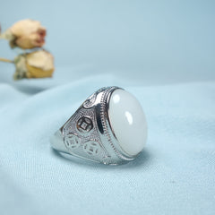 High-Quality Natural Stone Inlay Ring - White Goose Egg Face Couple Ring for Beach Parties & Holiday Gifts